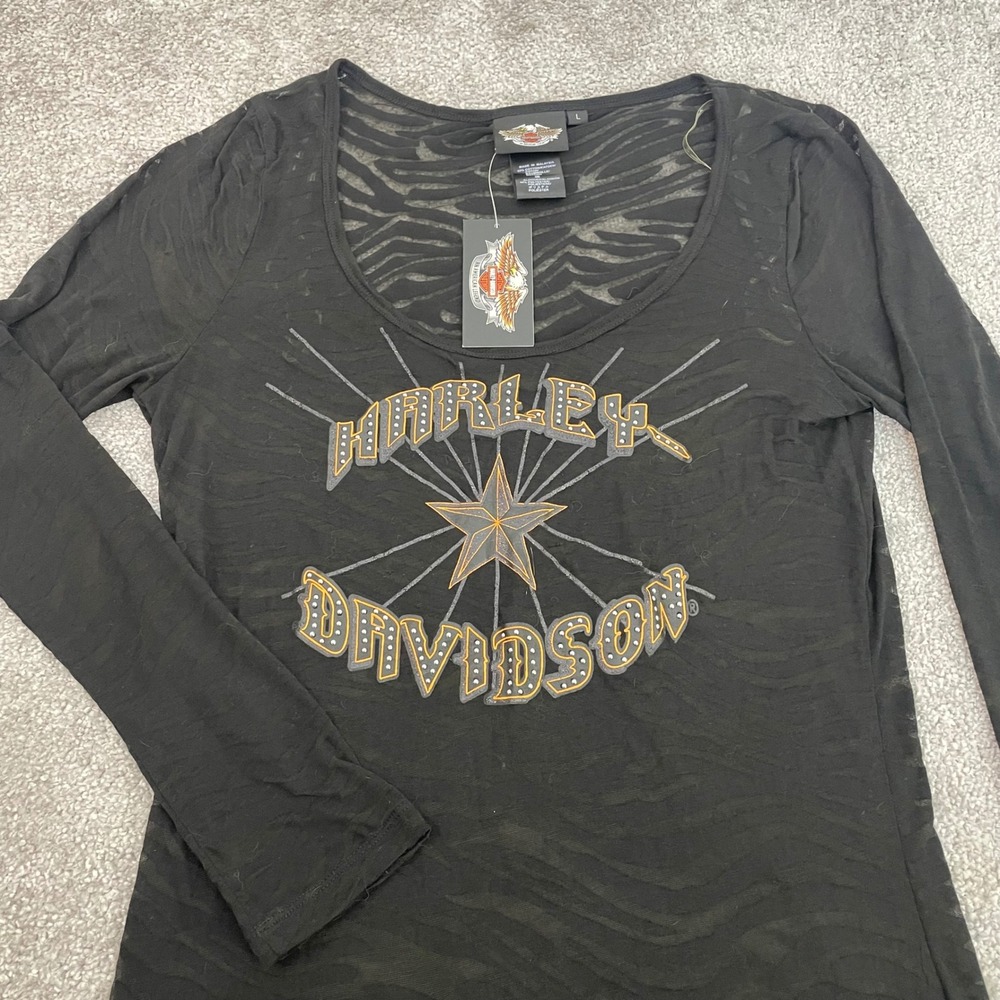 Harley Davidson Top Womens Large Y2K Biker Zebra Burnout Mesh Studded Star NWT